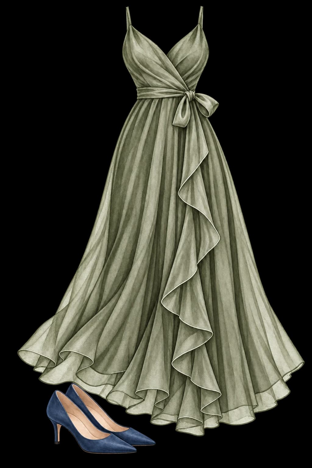 Sugestão de traje feminino: vestido longo verde oliva e sapatos de salto
