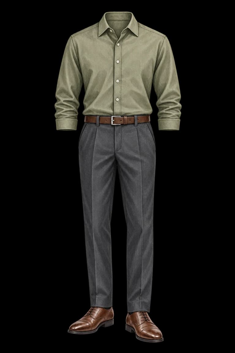 Exemplo de traje: camisa verde-oliva, calça social cinza-escura, cinto e sapatos marrons.